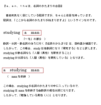 studying a man　と　a studying man　の違い